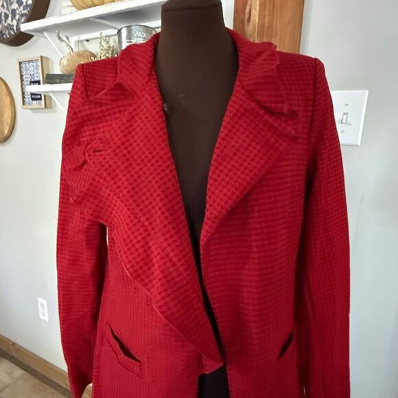 Cabi Celebration jacket womens size medium red houndstooth ruffle collar one but - Picture 3 of 11